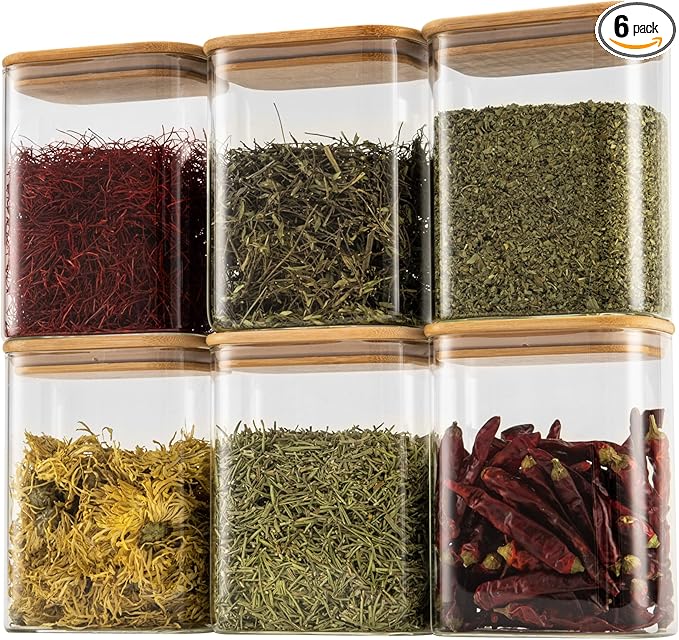 37oz Rectangle Airtight Glass Storage Containers with Bamboo Lids (Set of 6), Square Food Storage Jar, Pantry Organizers for Cereal, Nuts, Snacks and Coffee beans (‎with Black Lable)-CasaMuseHome