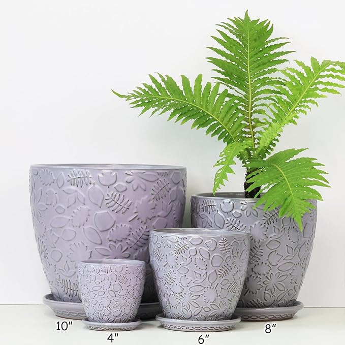 4 Inch Retro Ceramic Planter Set of 4 with Drainage Hole and Saucer for Plants, Indoor-Outdoor Small Garden Pots for Succulent, Herb and Flower (Fits Inner Pots Up to 3 Inch, Retro Purple)-CasaMuseHome