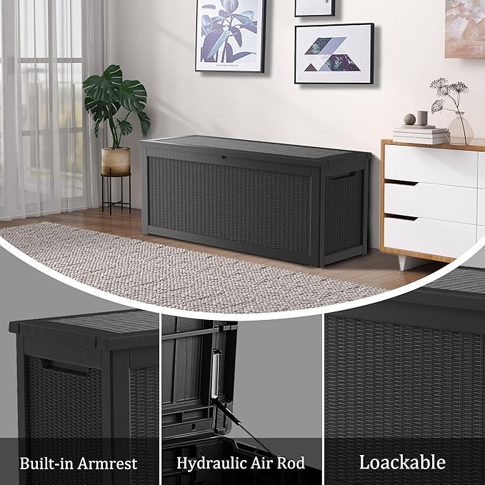 320 Gallon Lockable Resin Deck Box, Waterproof & UV-Resistant Outdoor Storage Box for Outdoor Cushion Storage, Garden Tools & Pool Accessories Storage, Black-CasaMuseHome