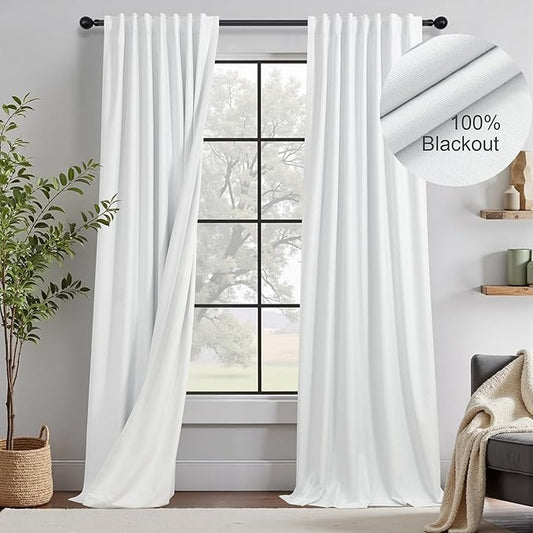 100 Inch Curtains & Drapes Window Coverings Custom Extreme Blackout Linen Curtains White Black Out Thermal Curtains for Sliding Glass Door Heavy Duty Panels 2 Back Tab Pleated 52 Inch Wide by 100 Long-CasaMuseHome
