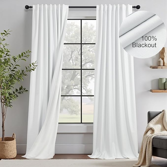 80 Inch Closet Curtains for Open Closet Doors Sliding Panels Neutral White Linen Blackout Curtain for Bedroom Window Light Blocking Insulated Drapes for Summer Heat Living Room Back Tab Length 80 Long-CasaMuseHome