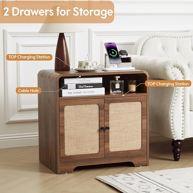 24" Large Side Table with Charging Station, Mid Century Modern End Table with USB/Type-C Ports, Curved Wood Nightstand with Storage & Natural Linen, Couch Side Table for Living Room Bedroom, Walnut-CasaMuseHome