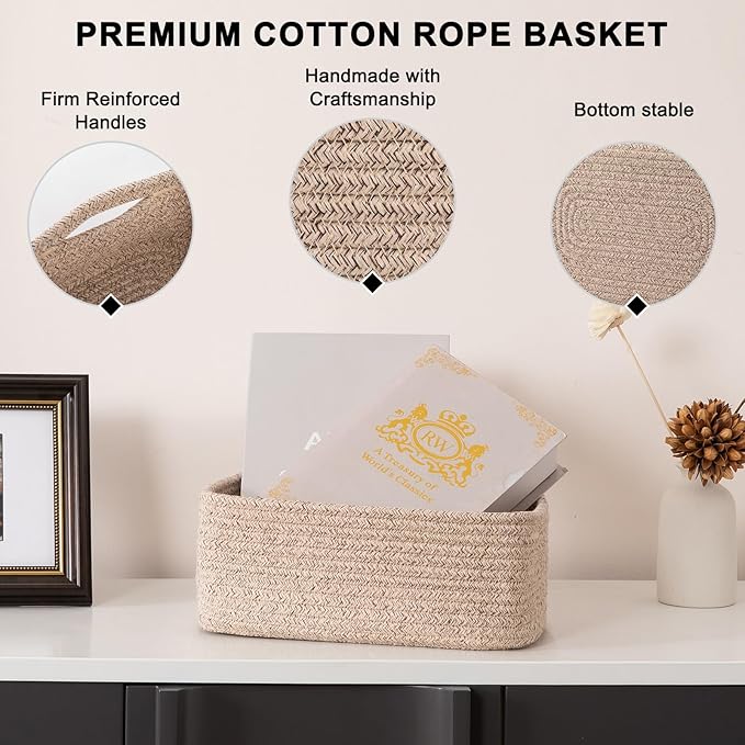 4 Pack Small Storage Shelf Baskets for Organizing, Mini Woven Rope Storage Bins for Towels, Cute Decorative Closet Organizer，Baby Nursery, Gift Empty Baskets -11.81''Lx7.87''Wx4.72''H'-Brown-CasaMuseHome