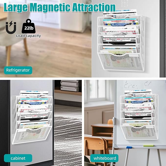 5-Tier Magnetic File Organizer, No Drilling Installation, White Magnetic Paper Holder, Magazine Rack for Refrigerator and File Cabinets-CasaMuseHome
