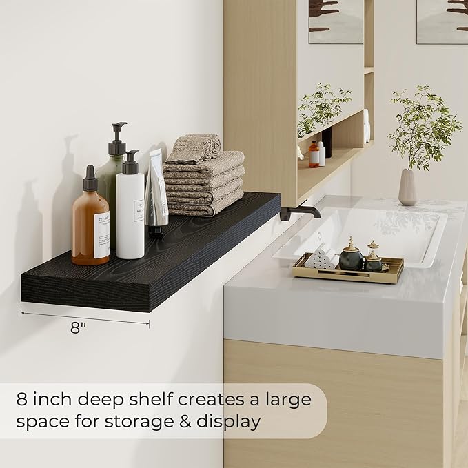 36 inch Floating Shelves Wall Shelves for Office with Invisible Brackets, 8 inch Deep Shelves for Bathroom, Living Room, Kitchen, Office, 36x7.9 inch deep Set of 2, Black-CasaMuseHome