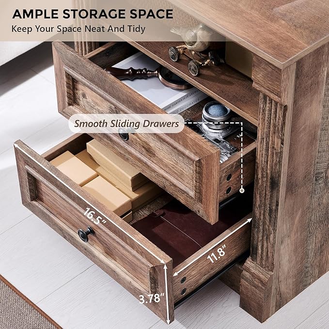 26" Tall Farmhouse Nightstand Set of 2, 2 Drawers End Table w/Charging Station, 23.6" Wide Large Side Table w/Roman Column, Wood Rustic Sofa Table w/Open Shelf, Bedside Table for Bedroom, Light Brown-CasaMuseHome