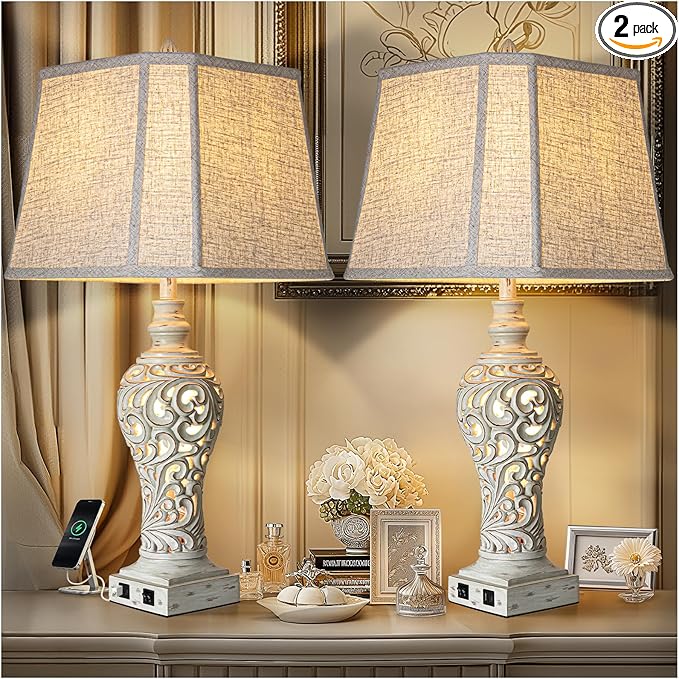 32" Tall Table Lamps Set of 2 - Bedside Lamp with Fabric Shades - for Bedroom and Living Room with USB and Nightlight - Perfect for Nightstands and Bedrooms - Bulbs Included-CasaMuseHome
