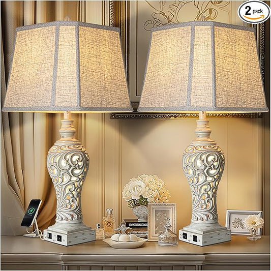 32" Tall Table Lamps Set of 2 - Bedside Lamp with Fabric Shades - for Bedroom and Living Room with USB and Nightlight - Perfect for Nightstands and Bedrooms - Bulbs Included-CasaMuseHome