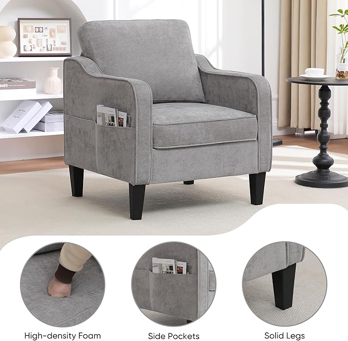 Accent Chair for Living Room, Mid Century Modern Reading Chair for Bedroom, Upholstered Armchair with Side Pockets, Comfy Single Sofa Side Chair for Office, Apartment, Small Room, Light Grey-CasaMuseHome