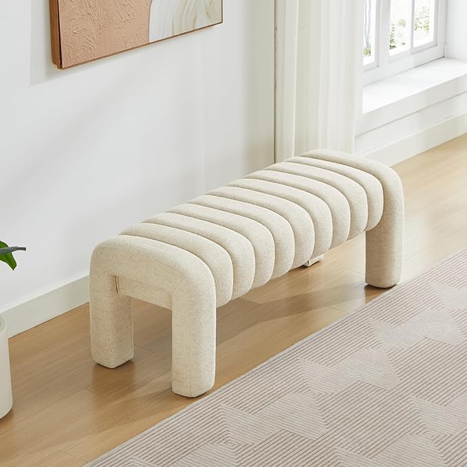 43.3" Bedroom Bench, Upholstered Entryway Bench, Modern End of Bed Ottoman with Solid Wood Legs and Adjustable Foot Pegs for Entryway, Dining Room and Living Room (Beige Linen)-CasaMuseHome