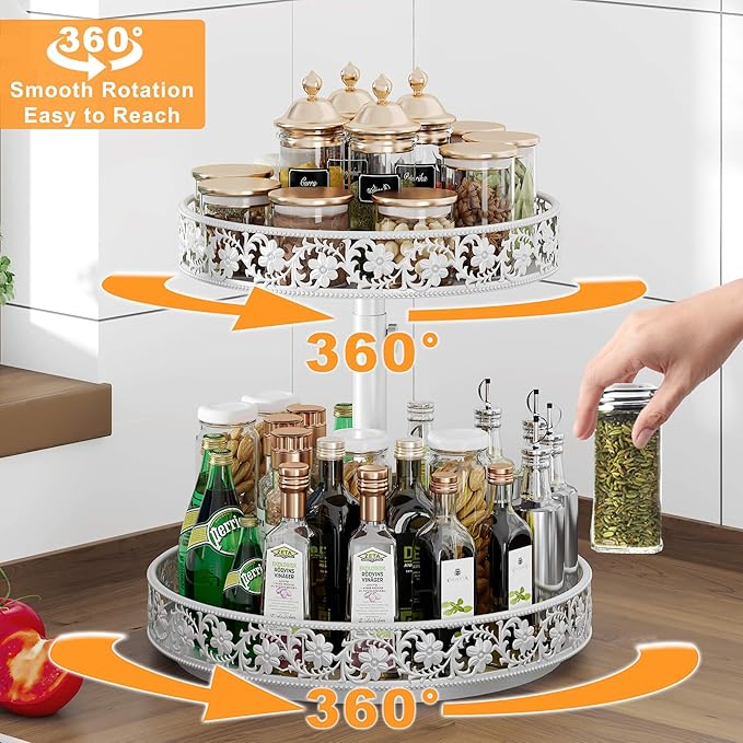 2 Tier Lazy Susan Organizer Turntable Adjustable,12 Inch Two Tier Lazy Susan Metal Easy Assembly Cleaning, Rotating Spice Rack Organizer for Cabinet Dining Table Kitchen Countertop White-CasaMuseHome