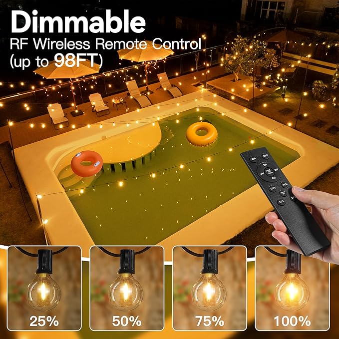 50FT Outdoor String Lights with Remote Dimmer, 25+2 Led Bulbs Connectable Dimmable Outdoor Lights, Support Timer Waterproof Shatterproof for Patio Yard Porch Deck-CasaMuseHome
