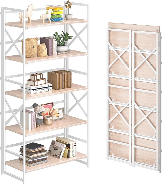 4NM 5 Tiers No Assembly Book Shelves, 51.2" H Folding Bookshelf Bookcase Open Industrial Foldable Shelves for Bedroom, Living Room, Home Office - Natural White-CasaMuseHome