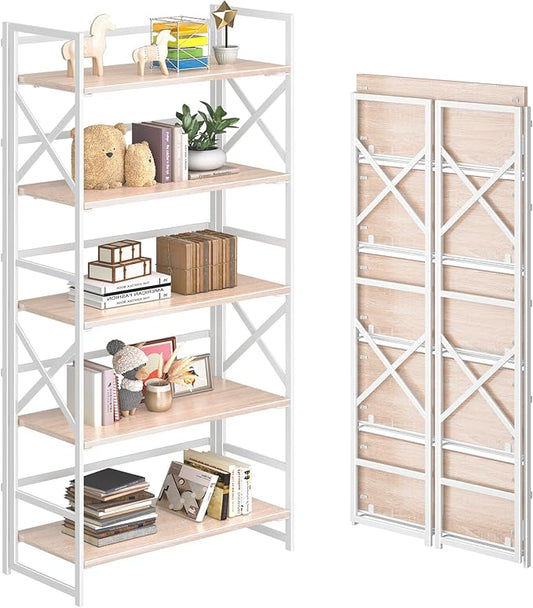 4NM 5 Tiers No Assembly Book Shelves, 51.2" H Folding Bookshelf Bookcase Open Industrial Foldable Shelves for Bedroom, Living Room, Home Office - Natural White-CasaMuseHome