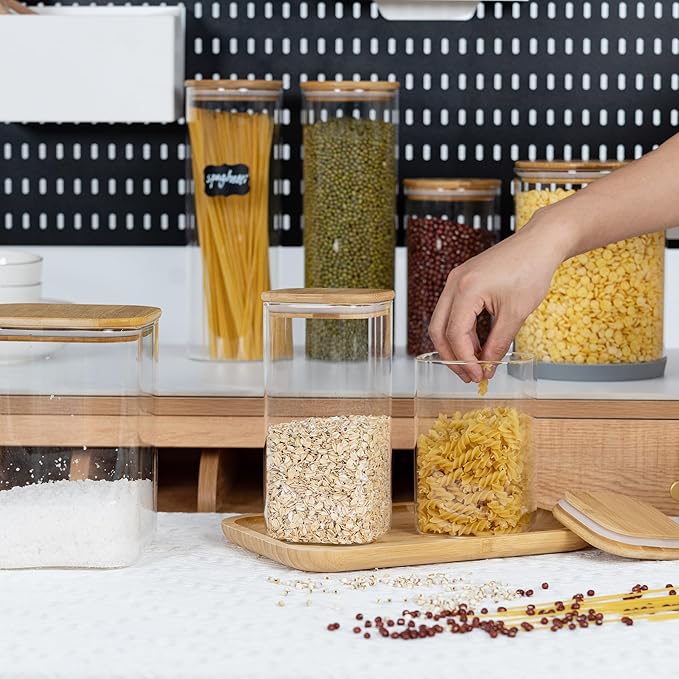 52oz Airtight Glass Square Storage Canister with Bamboo Lid Set of 3 (1550ml) Container Stackable Spice Jar, Kitchen Canister for Flour, Cookies, Cereal and Coffee beans (‎with Black Lable)-CasaMuseHome