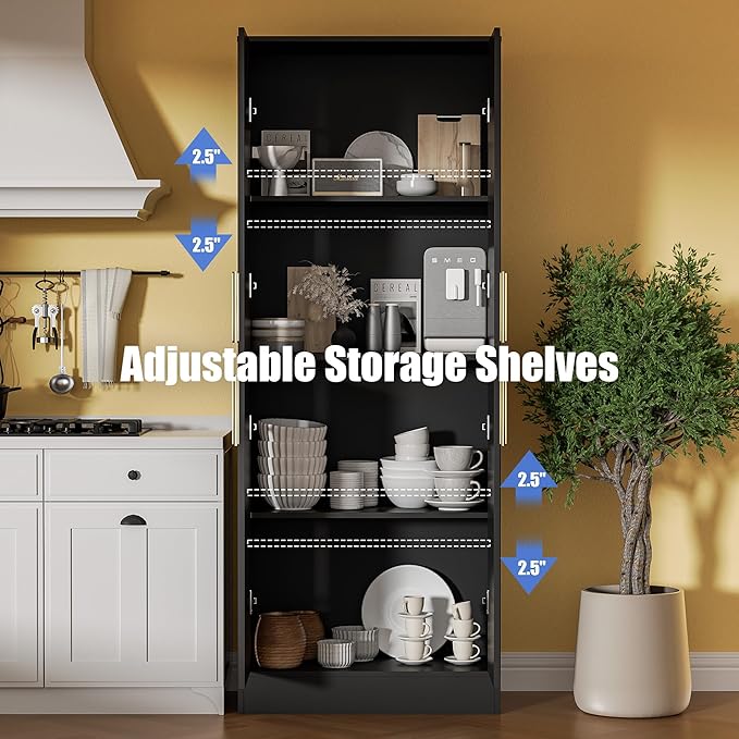 71" Tall Pantry Cabinet, 4 Doors Kitchen Pantry Storage Cabinet, Freestanding Larder Cupboard, Kitchen Hutch with Gold Handles for Dining Room, Bathroom, Black-CasaMuseHome