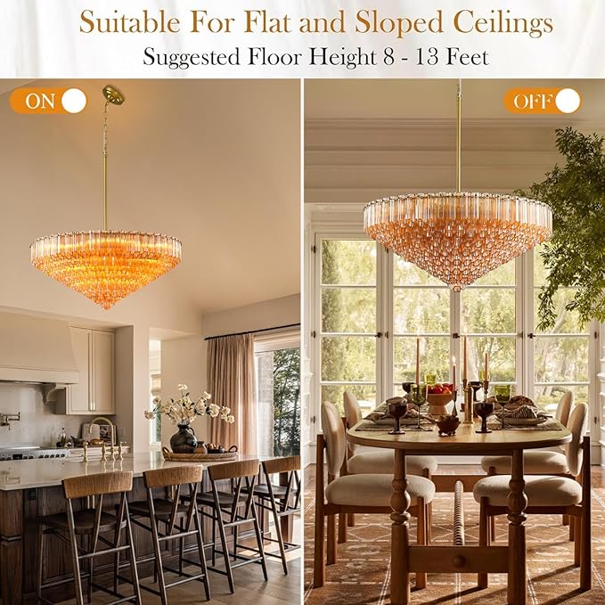 30" Modern Dining Room Chandeliers, 13-Light Amber Crystal Chandeliers, Dimmable Blown Glass Chandelier for Living Room, Round Glod Large Chandelier for High Ceiling, Bedroom, Entryway, Staircase-CasaMuseHome