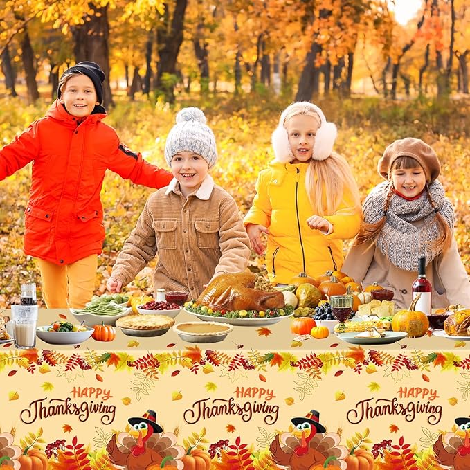 2 Pack Happy Thanksgiving Tablecloth - Fall Thanksgiving Turkey Table cloths, Disposable Plastic Rectangle Autumn Pumpkin Maple Leaf Table Cover for Thanks Giving Tables Decor Party Supplies,108x54In-CasaMuseHome