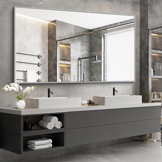 36x60inch Brushed Nickel Bathroom Mirror, Silver Rectangle Mirror with Frame, Large Rectangular Wall Mirrors for Bathroom, Living Roomm, Hair Salon, Big Mirror Hang Horizontal/Vertical-CasaMuseHome