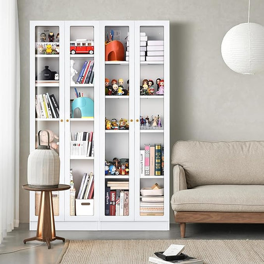 5 Tier Metal Curio Cabinets, Modern Bookshelf Cabinet with 4 Adjustable Shelves, Cabinet Display Case for Home Office, Living Room, Pantry (White-23.54W)-CasaMuseHome