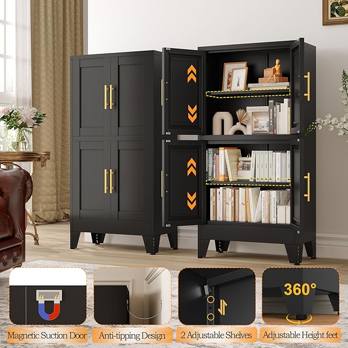 47.25" Metal Storage Cabinet, Black Kitchen Food Storage with 4 Door and 2 Adjustable Shelves, Freestanding Bathroom Cabinet, Pantry for Kitchen Dinning Room, Cupboard-CasaMuseHome