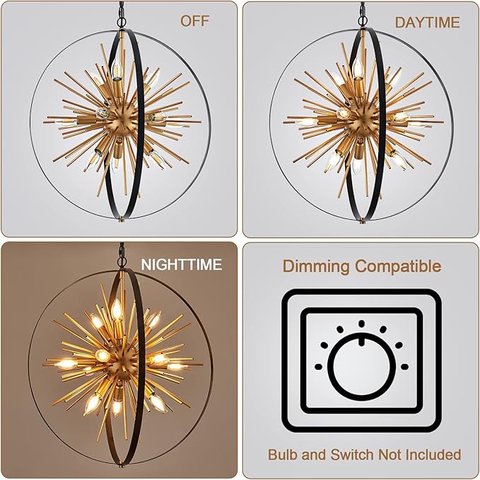 23.2'' Black Gold 12-Light Globe Sputnik Chandelier Modern Industrial Adjustable Hanging Ceiling Firework Pendant Light Fixture for Entryway Foyer Bedroom Dining Living Room Hallway-CasaMuseHome