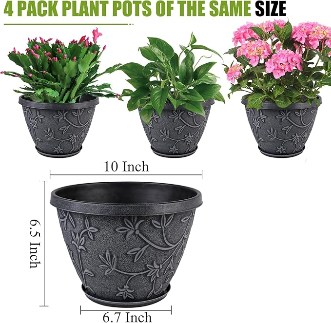 4 Pack 10 Inch Plant Pot for Outdoor Indoor, Plastic Flower Pots with Drainage Hole & Saucer, Lightweight Small Resin Flower Pot, Imitation Magnolia Planter Pots for Garden House（Gray）-CasaMuseHome