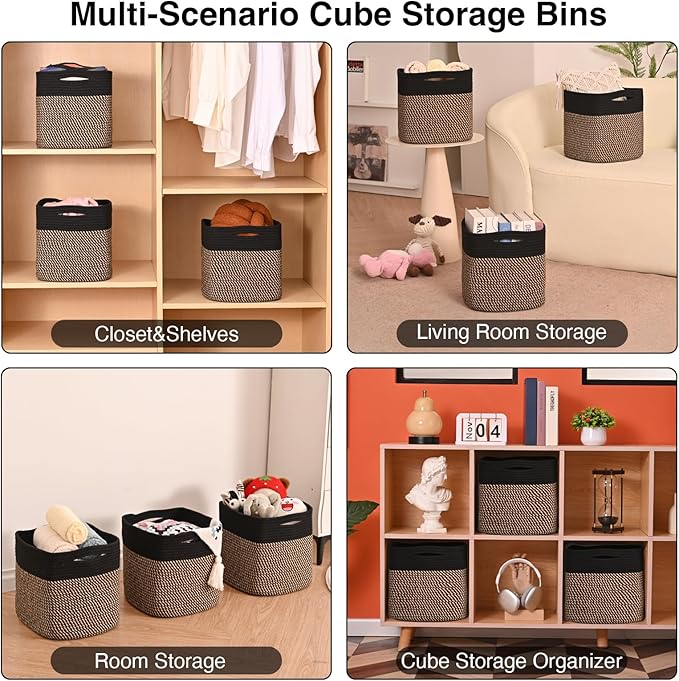 11 Inch Cube Storage Bins, Storage Cube Organizer Bins, Woven Cotton Rope Baskets for Storage, Storage Basket for Organizing Shelves, Square Baskets for Toys Nursery, Black & Jute (Pack of 3)-CasaMuseHome