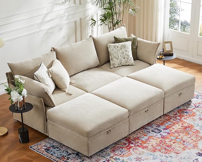 134.6" Oversized Modular Sectional Sofa, 6 Seater U Shaped Couch with Storage Ottoman with Reversible Chaise Deep Seat for Living Room, Apartment - Chenille Beige-CasaMuseHome