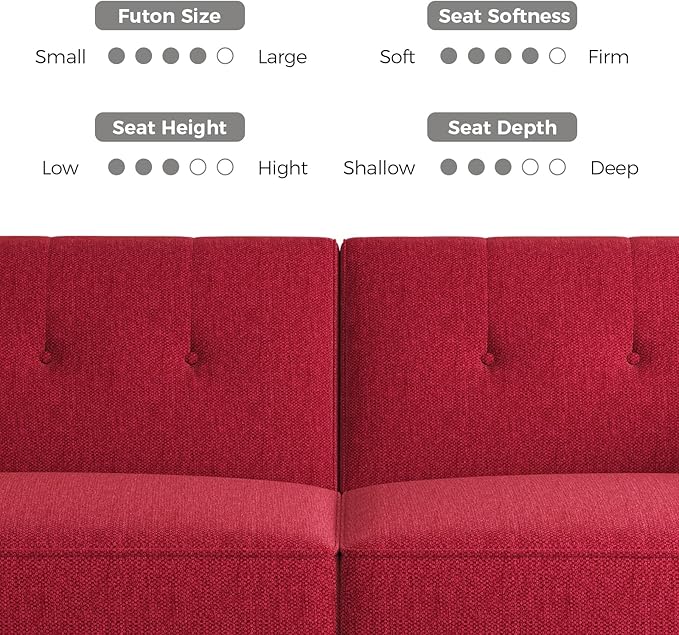 89” Futon Sofa Bed, Linen Comfy Futon Couch Bed with 2 Square Pillows, Convertible Sleeper Sofa with Adjustable Backrest& Armrests, Modern Loveseat Sleeper for Living Room, Bedroom, Red-CasaMuseHome