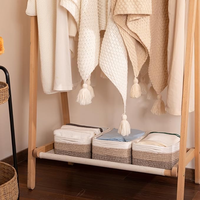 3 Pack Small Storage Baskets for Organizing, Cute Woven Decorative Gift Baskets for Shelves, Mini Closet Organizer Bins with Handles, 11.81''Lx7.87''Wx4.72''H-Brown White-CasaMuseHome