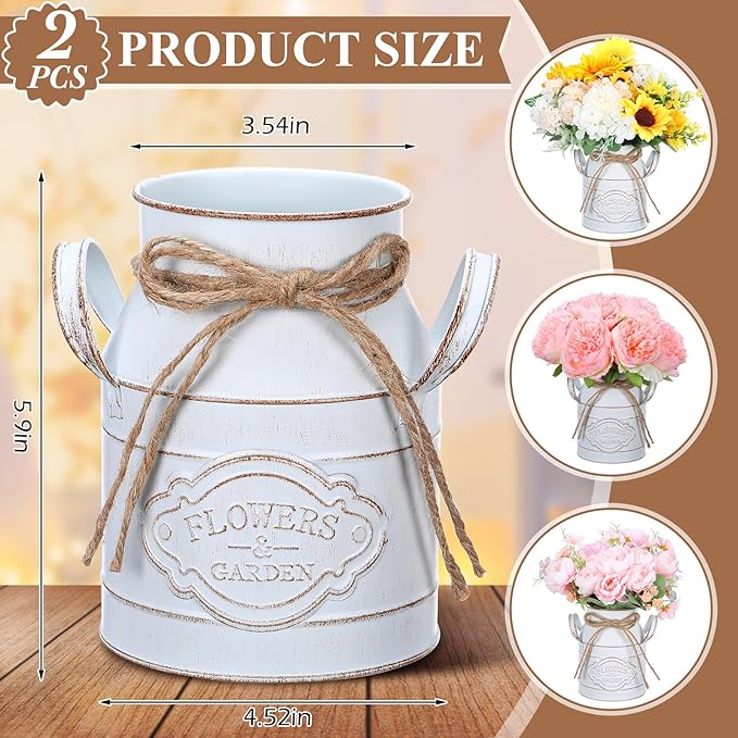 6 Inch Farmhouse Vase Decor Milk Can Vintage Flower Jug Galvanized Metal Vase with Handle Rustic Flower Buckets for Thanksgiving Christmas Table Centerpiece Weddings Gifts(Retro White,2 Pcs)-CasaMuseHome