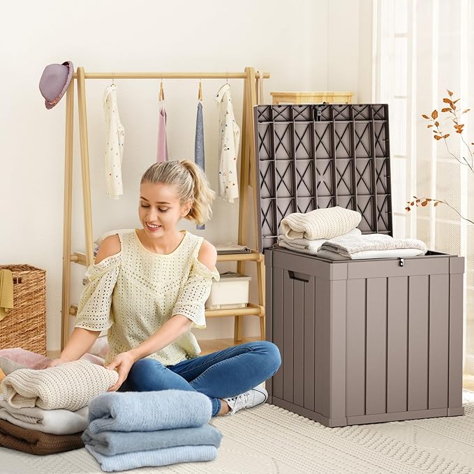 40 Gallon Resin Deck Box, Lockable Patio Outdoor Storage Box for Furniture, Garden Tools and Tools Storage, Waterproof Outside Storage Boxes - Grey-CasaMuseHome