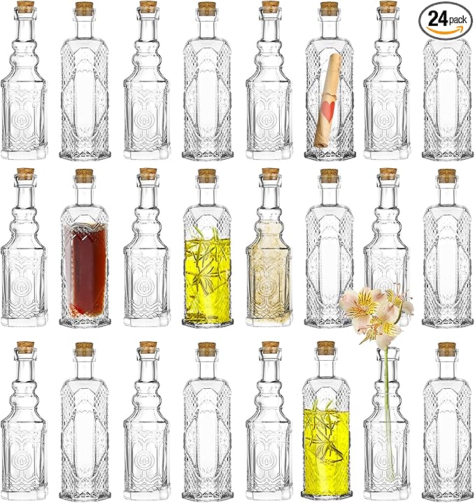 24 pcs Small Mini Clear Vintage Glass Bottles with Corks, Small Bud Vases, Decorative, Potion Bottles, 1.6oz for Party Wedding DIY Decoration/ Sand Art Bottles/Spell Jars/Message In a Bottle Kit-CasaMuseHome