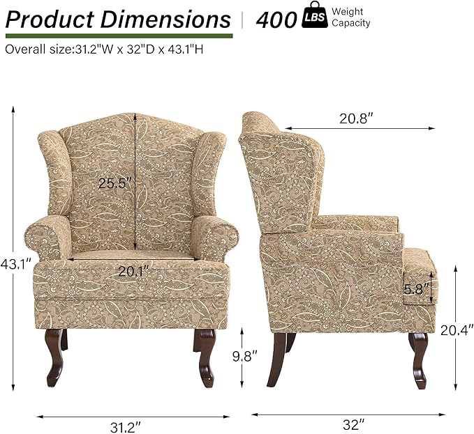 Accent Chair, High Back Upholstered Armchair with High Resilience Sponge & Wood Legs, Mid-Century Modern Comfy Single Sofa Reading Chairs for Living Room, Bedroom (Floral Light Brown, Set of 1)-CasaMuseHome