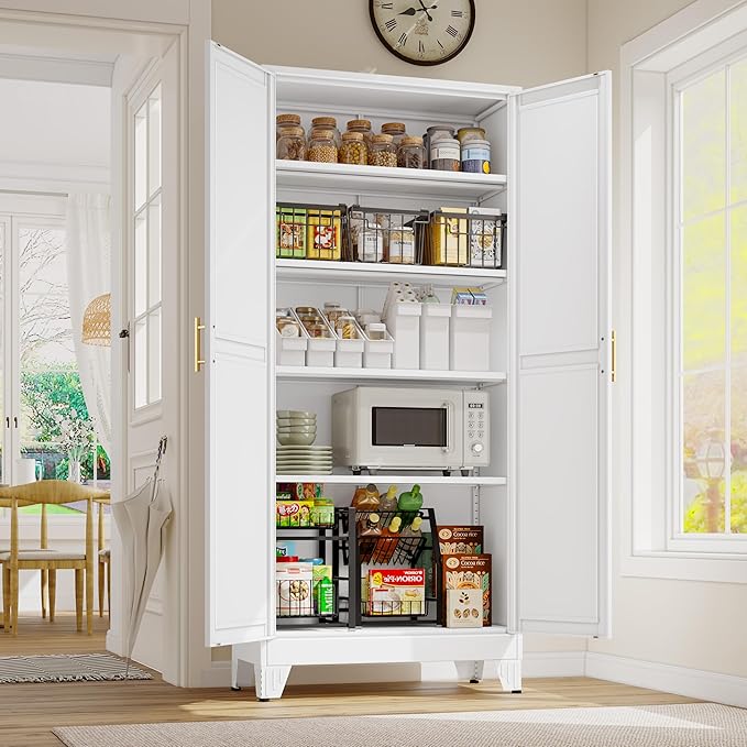 71" Tall Metal Storage Cabinet with 2 Doors and 4 Adjustable Shelves, Kitchen Pantry Cabinet White Freestanding Cupboard, 5 Tier Multifunctional Steel Storage for Office, Kitchen, Dining Room-CasaMuseHome
