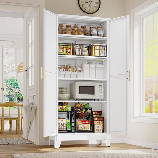 71" Tall Metal Storage Cabinet with 2 Doors and 4 Adjustable Shelves, Kitchen Pantry Cabinet White Freestanding Cupboard, 5 Tier Multifunctional Steel Storage for Office, Kitchen, Dining Room-CasaMuseHome