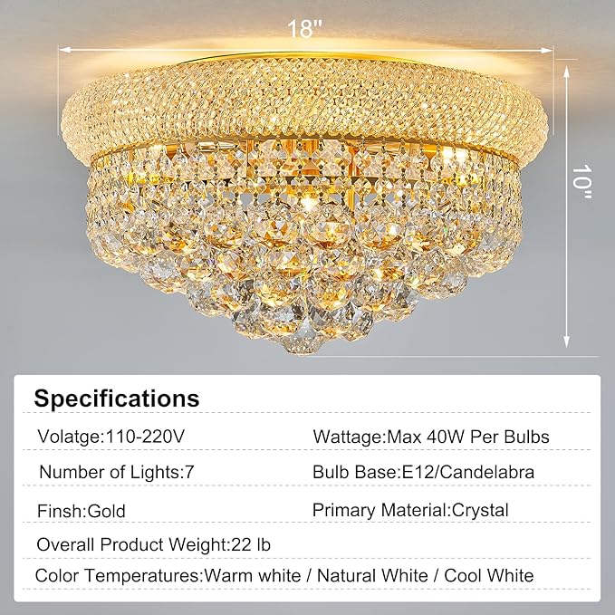 7-Light Crystal Flush Mount Chandelier Ceiling Light Fixture for Living Room Dining Room Bedroom Foyer Entryway Hallway Closet Bathroom (Gold D18)-CasaMuseHome