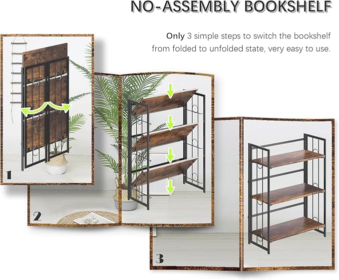 4NM No Assembly 3 Tiers Folding Bookshelf, 35" H Foldable Storage Shelves Vintage Bookcase Standing Racks Study Organizer Home Office - Rustic Brown Black-CasaMuseHome