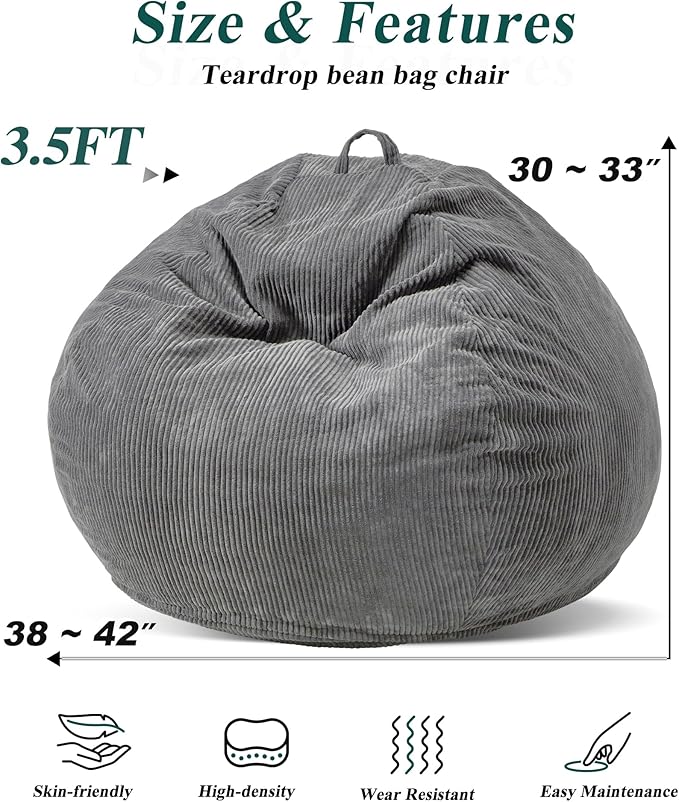 3.5FT Bean Bag Chairs Teardrop Bean Bag Chair for Adults Beanbag Chair with Memory Foam Filled Machine Washable Cover for Living Room, Bedroom (Large,Grey)-CasaMuseHome