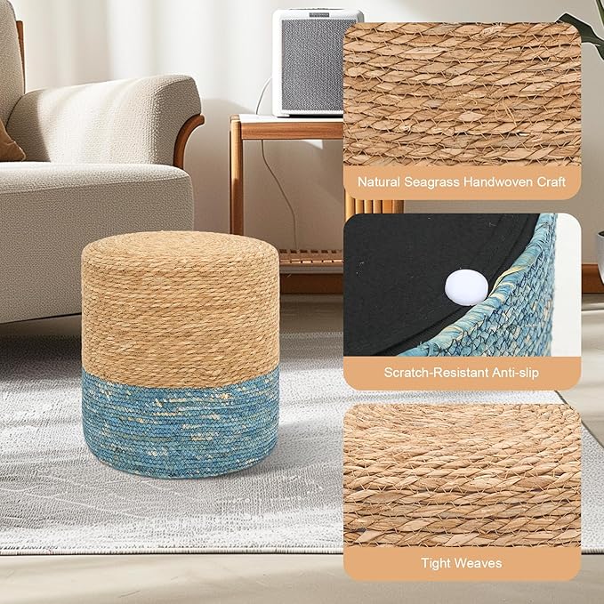 16'' Round Ottoman Natural Seagrass Braided Poof Hand Weaving Round Ottomans Boho Footrest Stool for Home Living Room Bedroom Patio(Natural&Blue)-CasaMuseHome