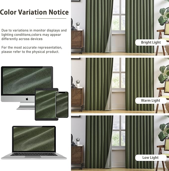 102 Inch Long Linen Blended Blackout Curtains 2 Panels, Back Tab Pleated Look Drapes for Track System with Hooks, Noise Reducing Country Blackout Winodw Curtains 50x102-Loden/Olive Green-CasaMuseHome