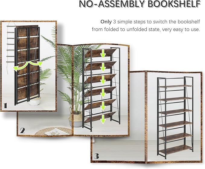 4NM No Assembly Foldable Bookshelf, 6-Shelf Collapsible Bookcase Storage for Small Spaces, 74" H, Rustic Brown and Black-CasaMuseHome