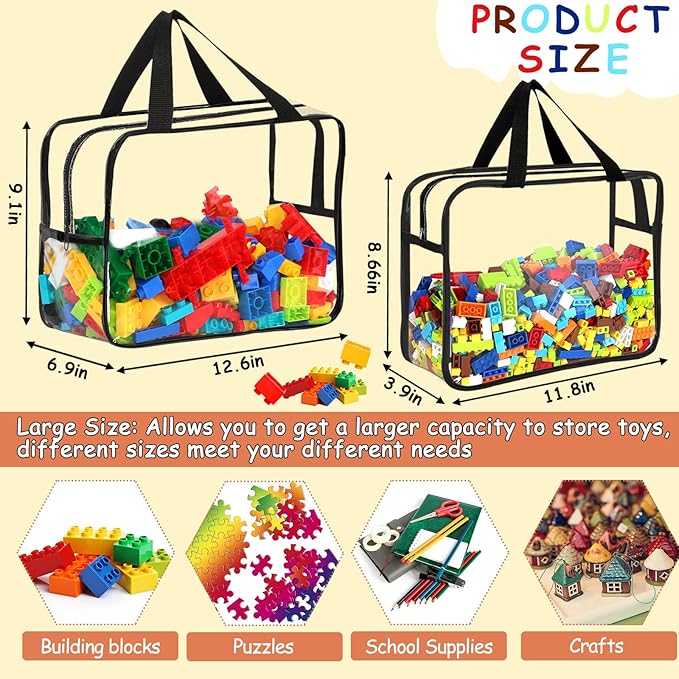 6 Packs Large Toy Storage Bags with Labels, Reusable Clear PVC Board Game Storage, Travel Waterproof Organizer Bags with Zipper for Building Blocks, Puzzle, Kids Books(3 large & 3 Extra Large)-CasaMuseHome