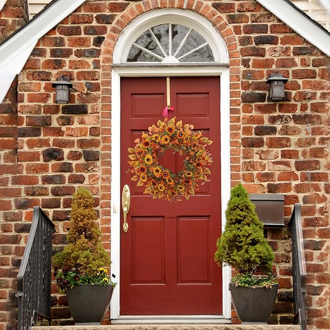 22 inch Artificial Fall Wreaths for Front Door,Autumn Wreath with Eucalyptus Leaves and Chrysanthemum Suitable for Indoor Outdoor Harvest Festival Thanksgiving Day Farmhouse Holiday Decor.-CasaMuseHome