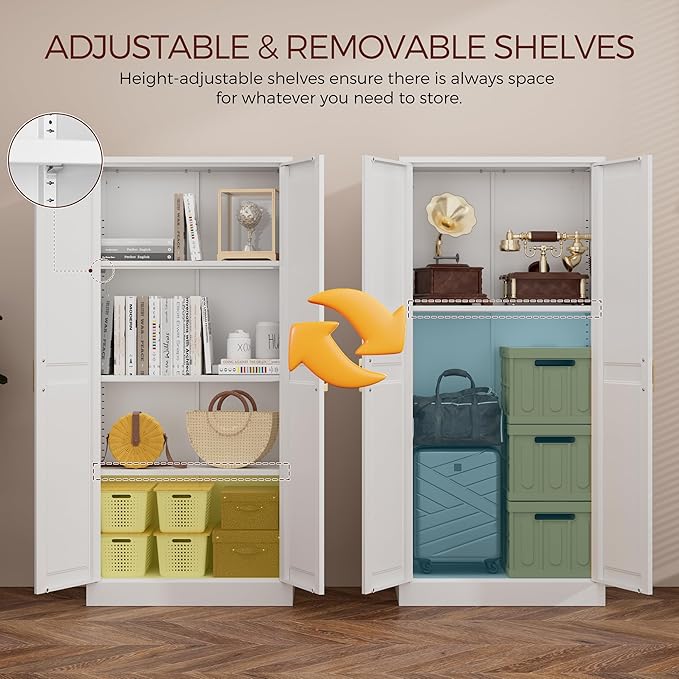 60" Tall Metal Pantry Cabinet, White Kitchen Pantry Storage Cabinet with 3 Adjustable Shelves and Gold Handles, Cupboard for Kitchen, Dining Room, Living Room, Bathroom-CasaMuseHome