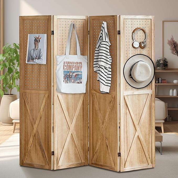 4 Panel Pegboard Wood Room Divider, 5.6Ft Pegboard Display Folding Privacy Screens, Peg Board Display Freestanding for Trade Show Craft Show Home Wall Organizer, Light Brown-CasaMuseHome