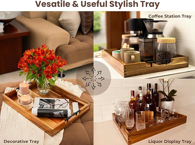 Acacia Wooden Ottoman Tray for Living Room – 21" Large Coffee Table Serving Tray with Handles & 6 Coasters Set, Perfect for Food, Drinks, Kitchen, and Home Decor-CasaMuseHome