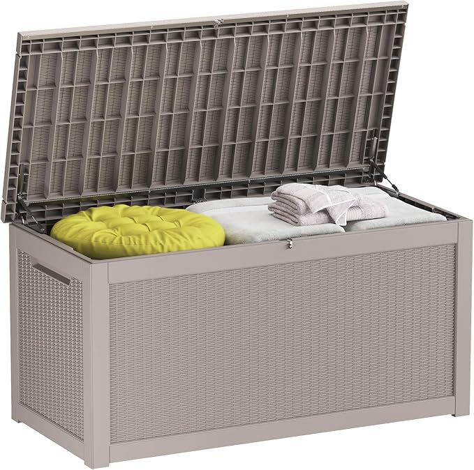 260 Gallon Deck Box XXL Large Outdoor Storage for Patio Furniture,Outdoor Cushions,Garden Tools and Pool Supplies,Waterproof,Resin,Lockable(Grey Rattan)-CasaMuseHome