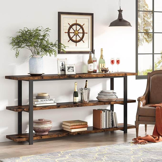 70.8 Inch Extra Long Console Table for Entryway, Narrow Hallway Table, Wood Sofa Table with 3 Tier Storage Shelves for Living Room-CasaMuseHome